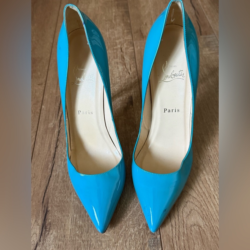 Christian Louboutin Turquoise Patent Leather Pointed-Toe Pumps